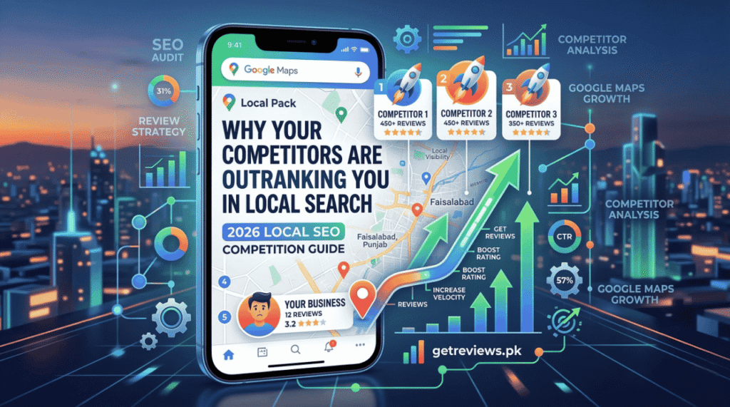 Smartphone analyzing why competitors are outranking you in local search on Google Maps Top 3 Local Pack with SEO growth metrics.