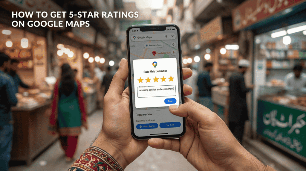 Person holding a smartphone submitting a positive review, showing how to get 5 star ratings on Google Maps for local Pakistani businesses.