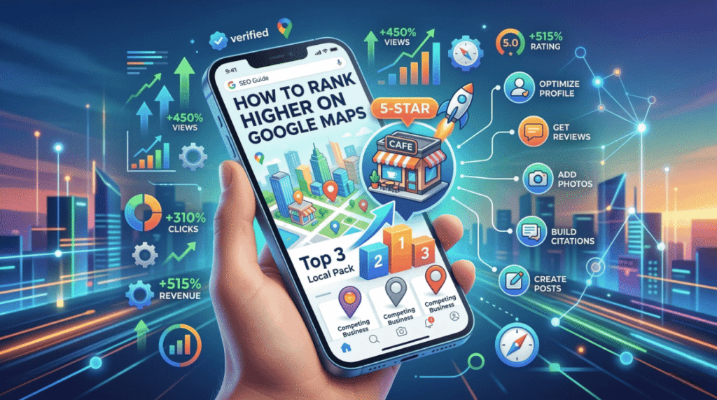 Smartphone displaying a local business ranking higher on Google Maps in the top 3 local pack with SEO growth metrics and strategies.